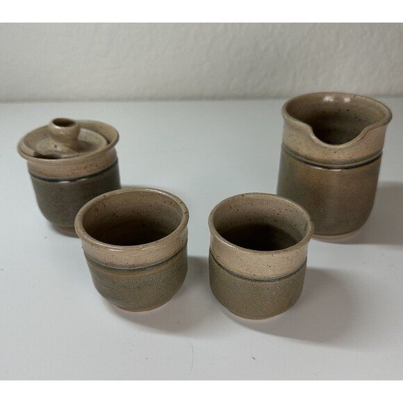 Stoneware Pottery Set of 2 Coffee Espresso Sugar Bowl w/Lid & Creamer Earthware - Picture 1 of 6